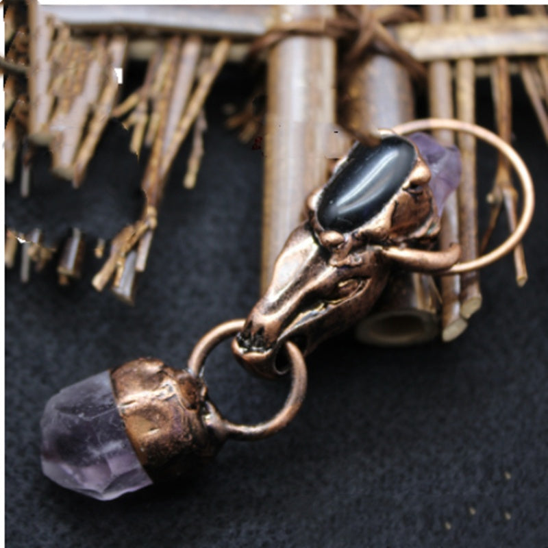 Personality Exaggerated Bull Head Jewelry Crystal Column Amethyst Necklace Pendant