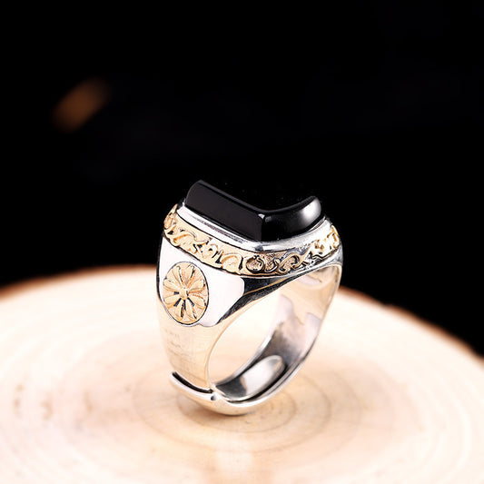 Personalized Men's Black Agate Ring