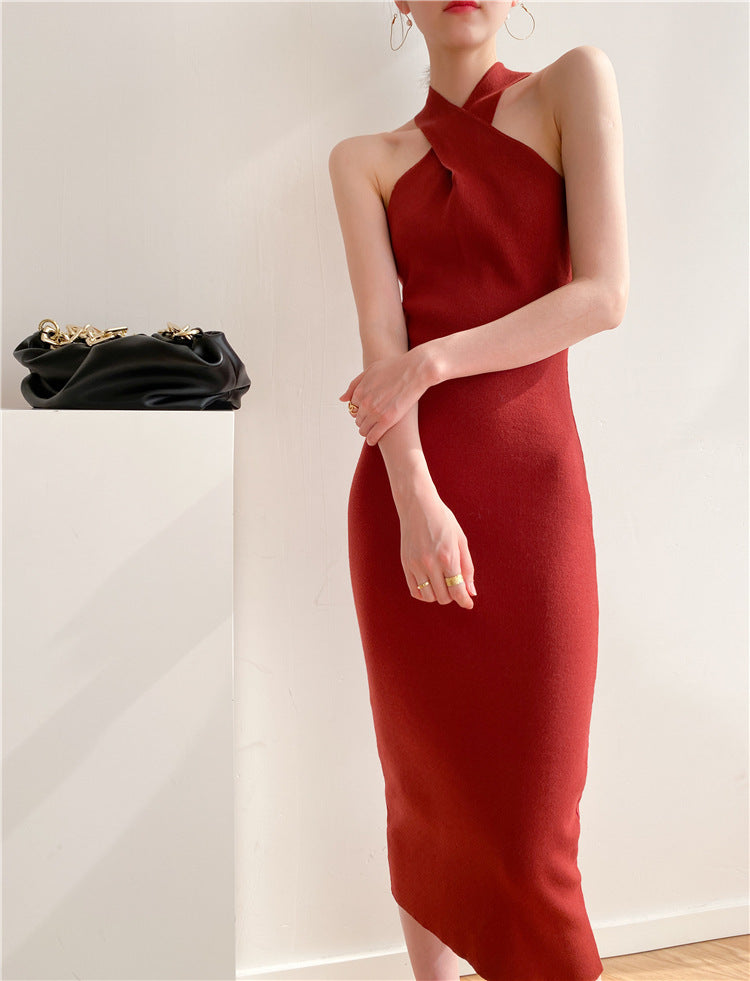 Women's Slim Fit Slim Pack Hip Cross Halter Over Knee Knit Dress