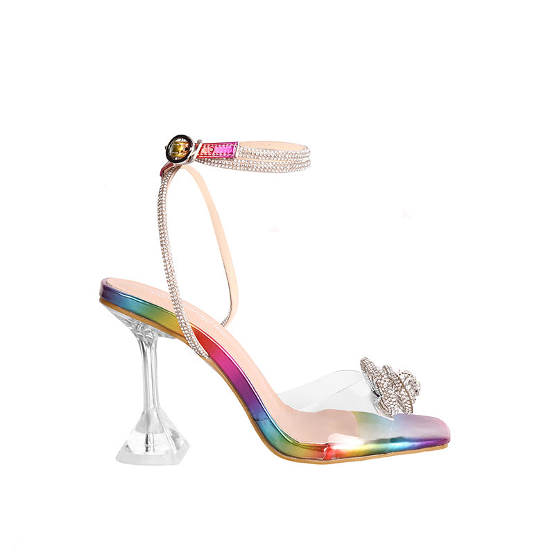 Transparent High Heel Sandals Stiletto Rhinestone Bow Shoes Party Shoes Women - FLIPSTYLEZLLC