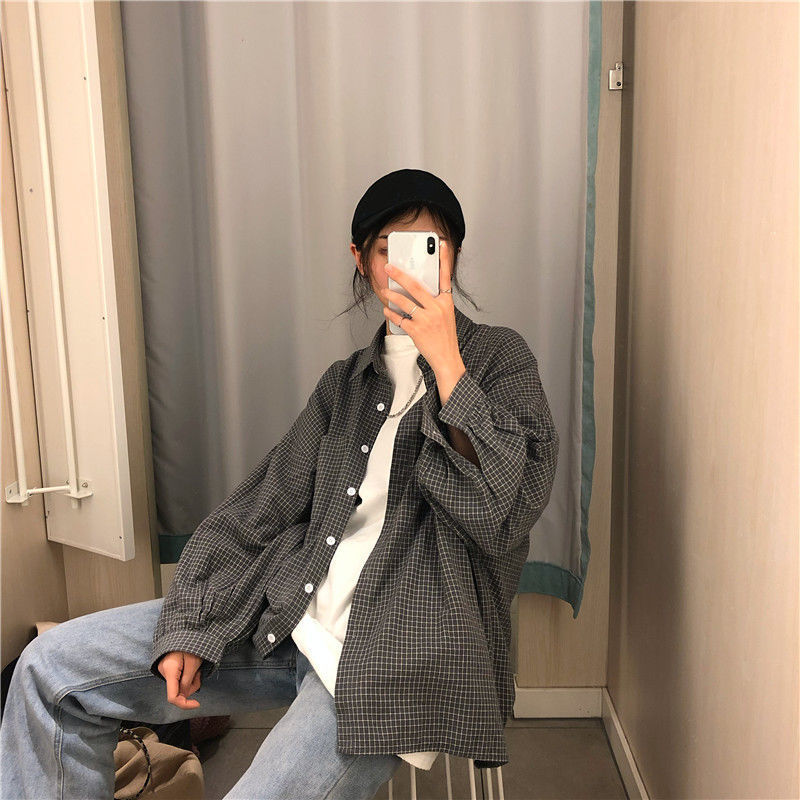 Loose Plus Size Mid-length Long-sleeved Student Plaid Shirt Female Jacket