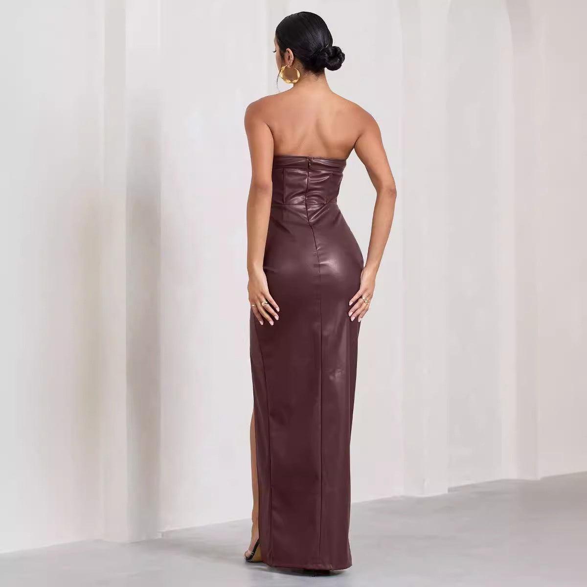 Midnight Muse™ | Onyx Faux-Leather Strapless Maxi with High-Voltage Slit