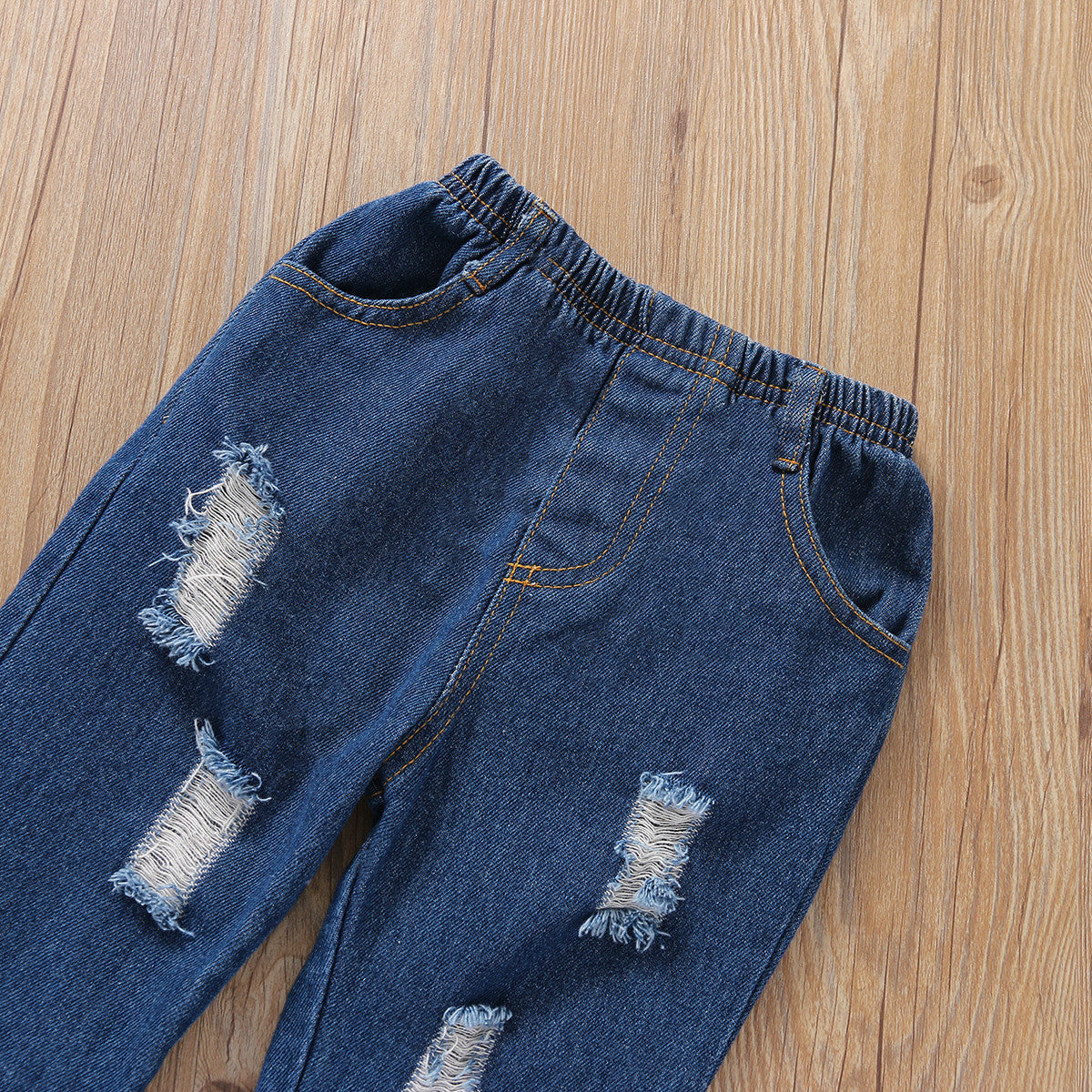 Girls Flared Sleeve Top Denim Trousers 2 Piece Set