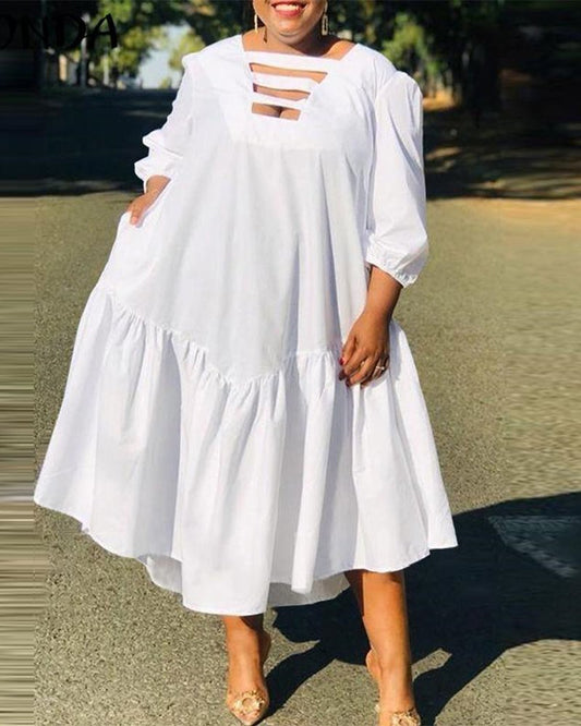 Round Neck White Large Swing Solid Color Plus Size Dress