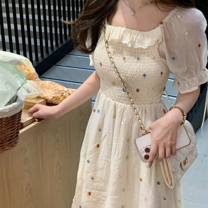 Women's Square Neck Crushed Flower Waist Dress