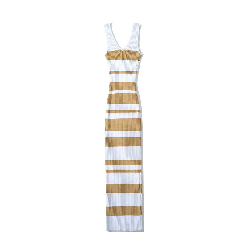 European And American Hot Girl Double V-neck Color Sleeveless Knitted Dress Intellectual Elegant Skinny Sheath