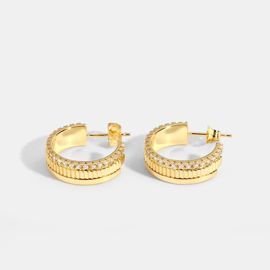 New Ace Luxe 14K Gold Zircon Gear Hoop Earrings | Stylish Ribbed Gold Huggies with Cubic Zirconia Accents