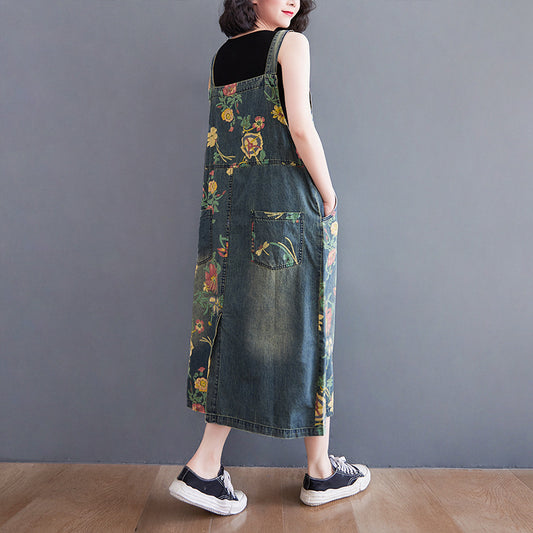 Women's Plus Size Retro Age-reducing Denim Print Suspender Skirt