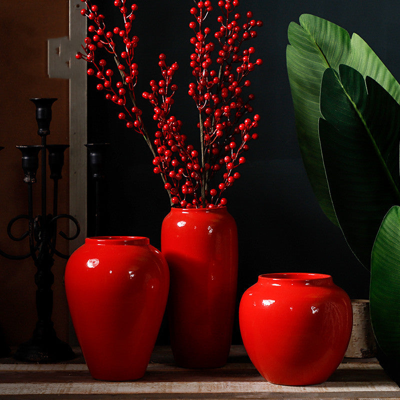 Ceramic Red Living Room Creative Home Decoration Fake Flower Vase
