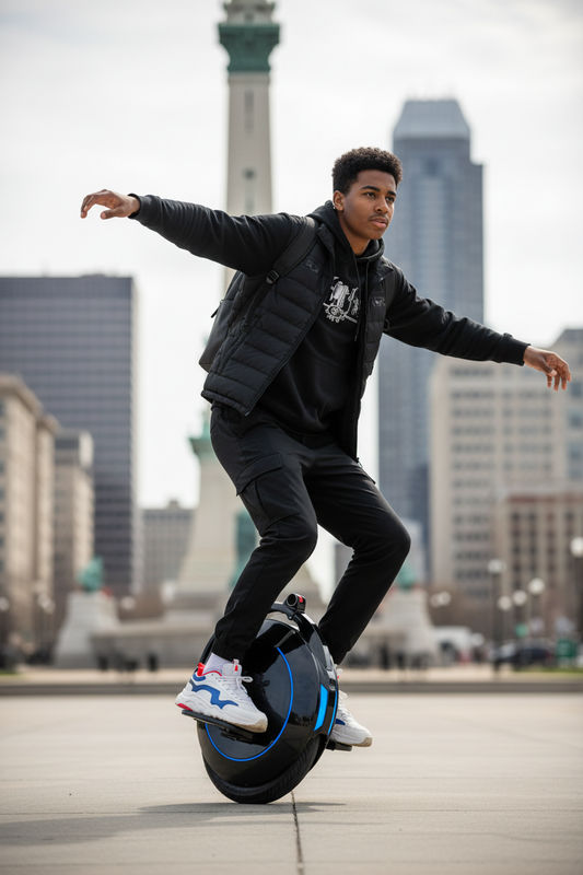 Biracial Teen Riding Unicycle Downtown Indianapolis