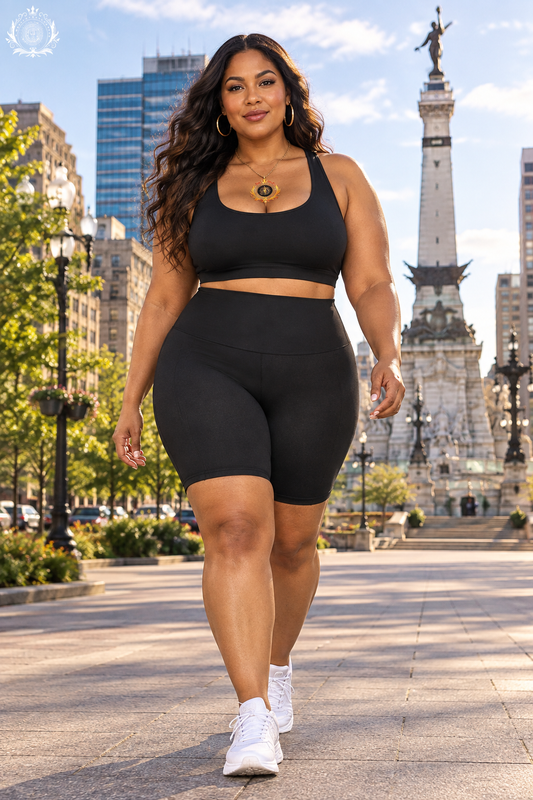Black biker shorts model at Indianapolis Monument Circle