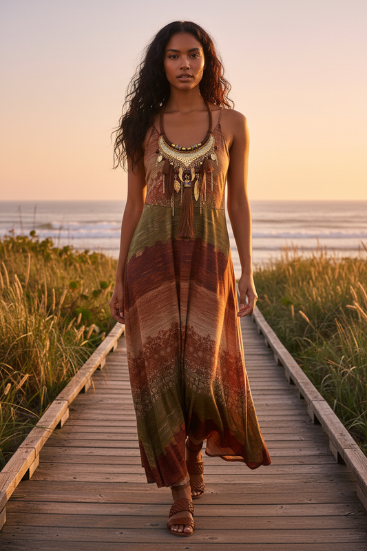 Blackfoot Woman Wearing Brown Feather Tassel Necklace on Beach Boardwalk