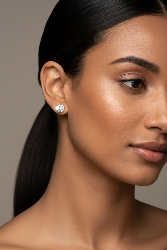 Brown Skin Woman Wearing Sterling Silver Moissanite Earrings