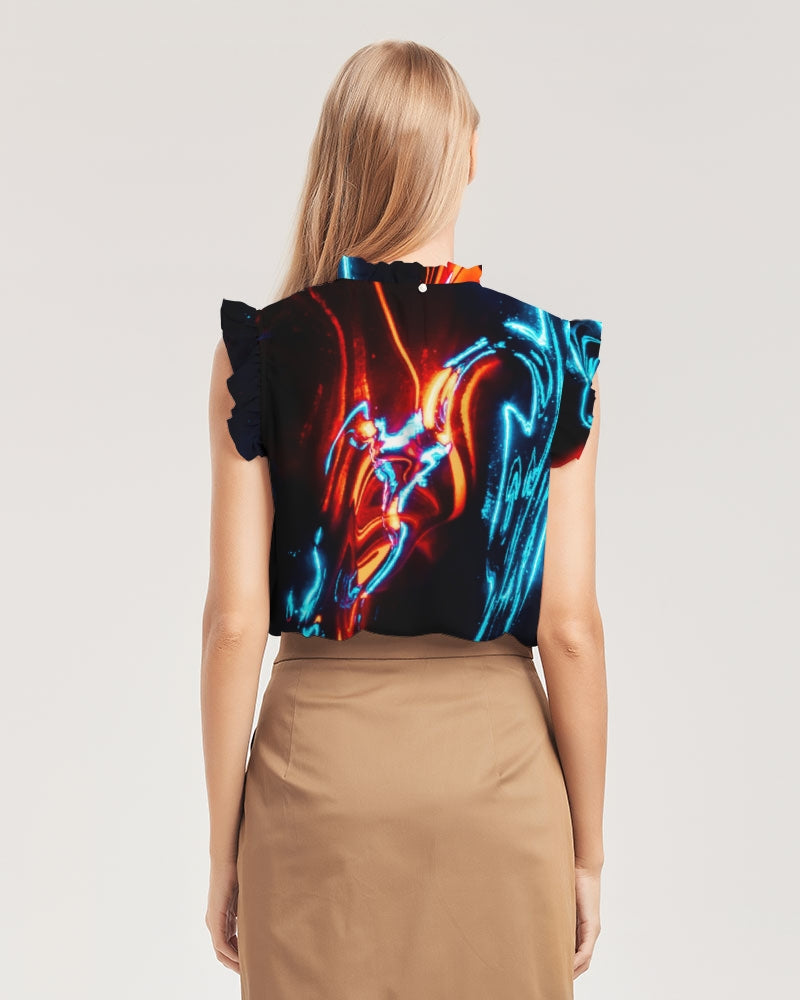 ELECTRICLY BLUE AND RED DESIGN BY FLIPSTYLEZ Women's All-Over Print Ruffle Sleeve Top