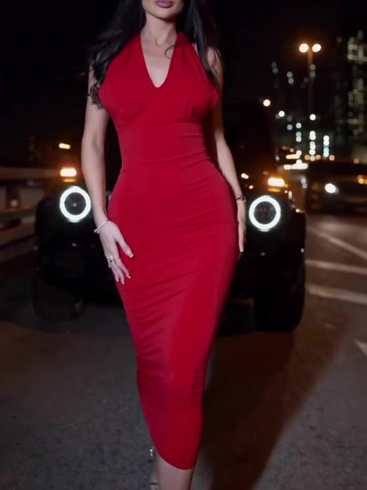 Red Halter Neck Slim Dress