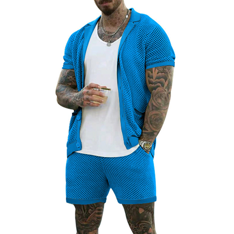 Men's Summer Cool Hole Cloth Lapel Short Sleeve Shorts Suit
