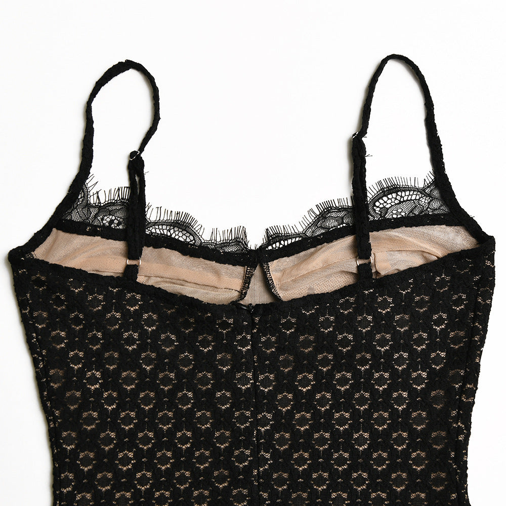Fashionable Lace Back Split Polka Dot Dress