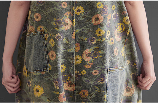 Women's Retro Nostalgic Print Ripped Denim Overalls