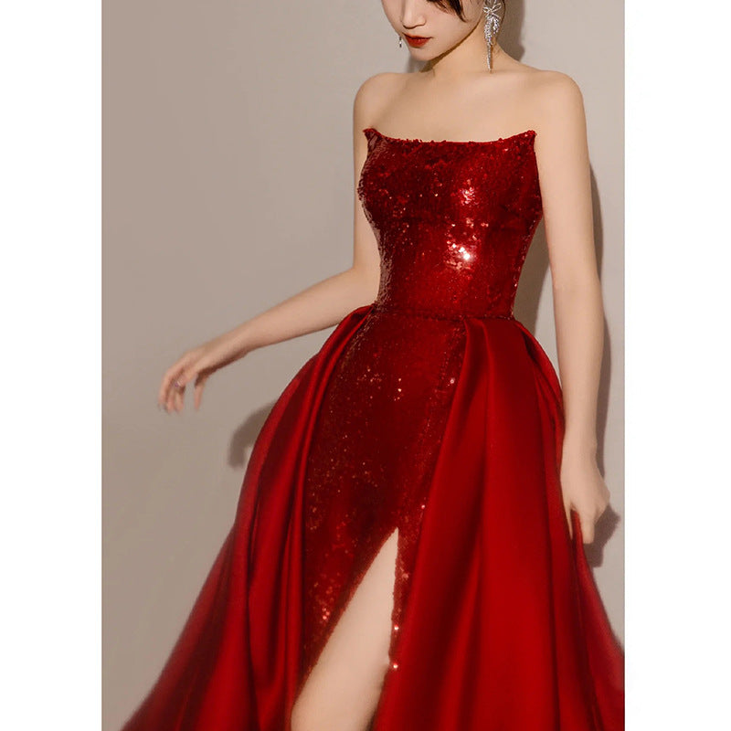 Banquet Light Luxury Annual Meeting Host Red Dress Bride Wedding Engagement Bra Toast Dress