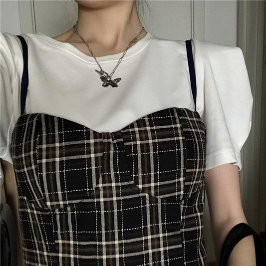 Lolita Skirt Korean Sweet And Cool Girl Plaid Suspender Dress Was Thin Waist Skirt