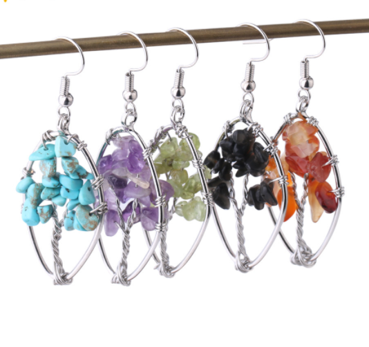 Natural Crystal Crushed Stone Earrings Handmade Tree Of Life Women's Turquoise