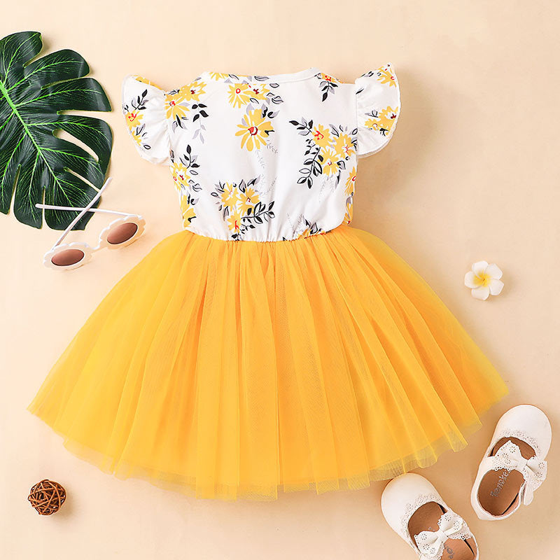 Baby Girl Printed Mesh Sweet And Cute Flying Sleeve Dress Children's Clothes Summer Skirt