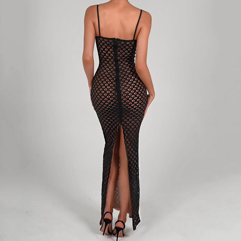 Fashionable Lace Back Split Polka Dot Dress
