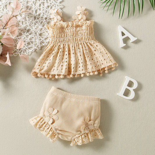 Cotton Net High Temperature Dyed Apricot Color Baby Fashion Two-piece Set