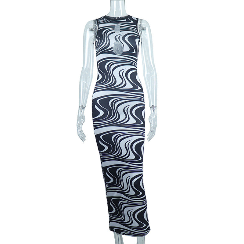 Round Neck Digital Print Color Contrast Sexy Hollow Out Street Photography Slim Dress Girl