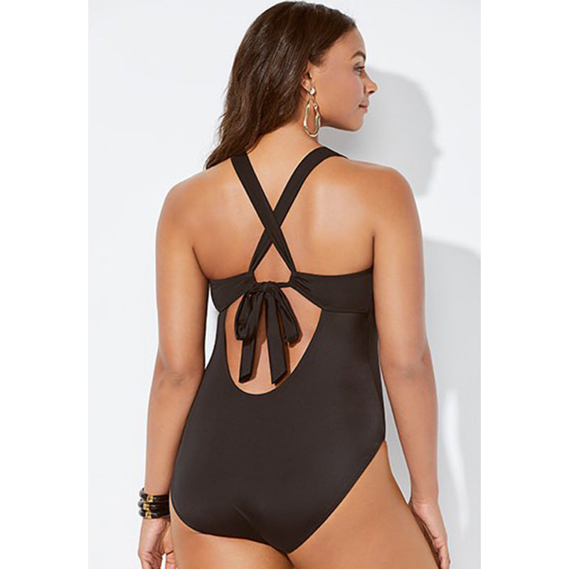 Plus Size Women's V-Neck Solid Color One Piece Swimsuit
