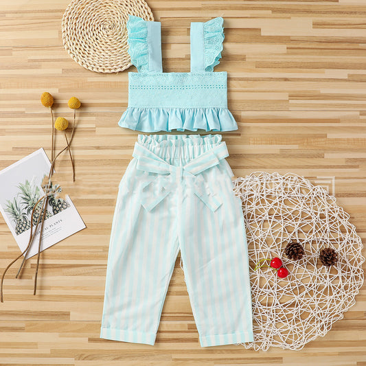 Fashionable Striped Trousers Suit With Lace And Chest Wrap