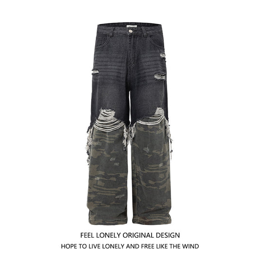 Men's American High Street Stitched Camouflage Wide Leg Jeans