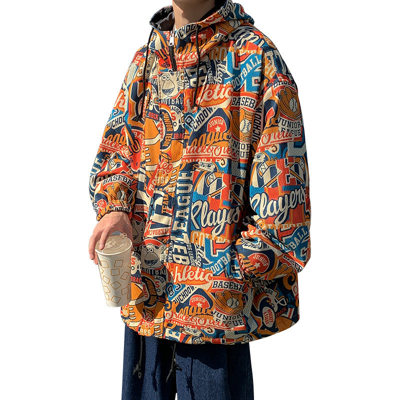 Hooded Jacket Men Graffiti Print Trend Pullover Top Plus Size Jacket Men