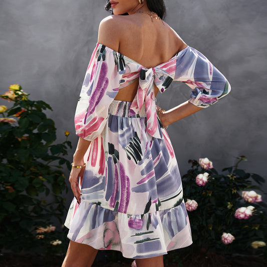 Women's Bow Open Back Print Wrap Dress