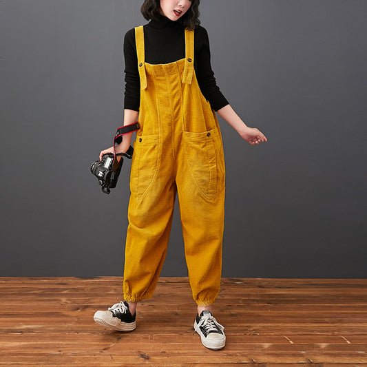 Corduroy Large Pocket Age Reduction Plus Size Overalls
