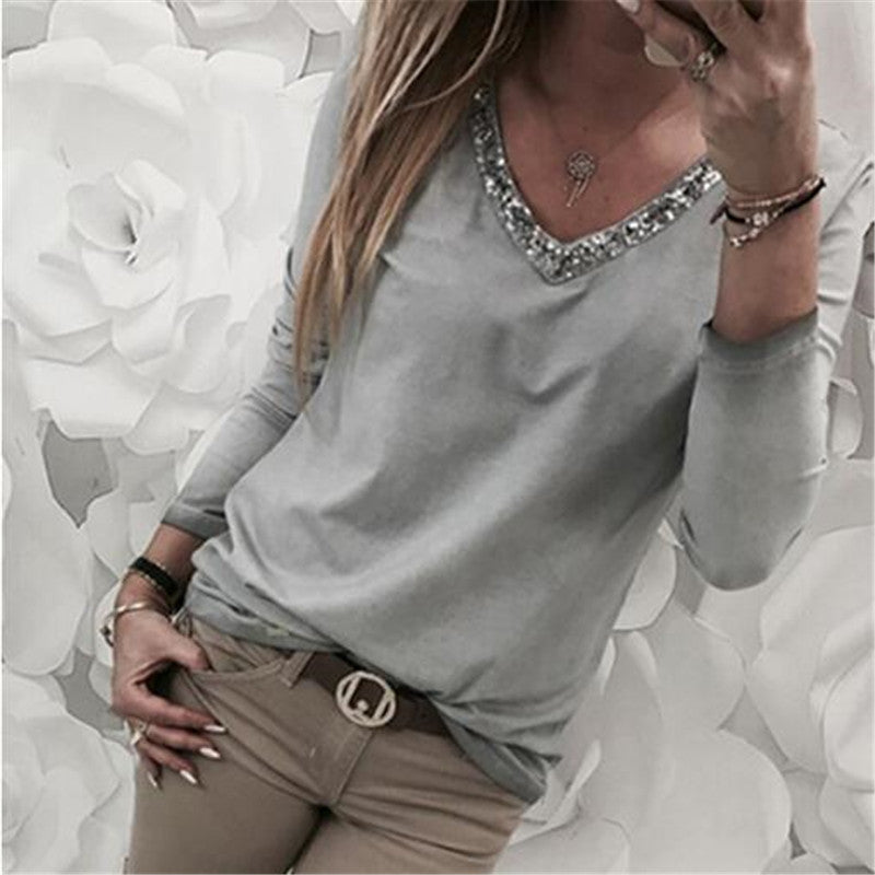 Women's Stitching V Neck Sequin Long Sleeve T-shirt Plus Size Top