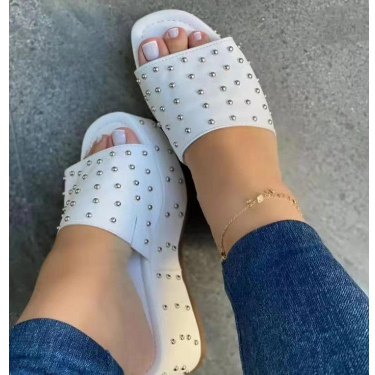 Women Rivet Slippers Summer High Heel Plats Shoes Peep-toe Beach Shoes - FLIPSTYLEZLLC