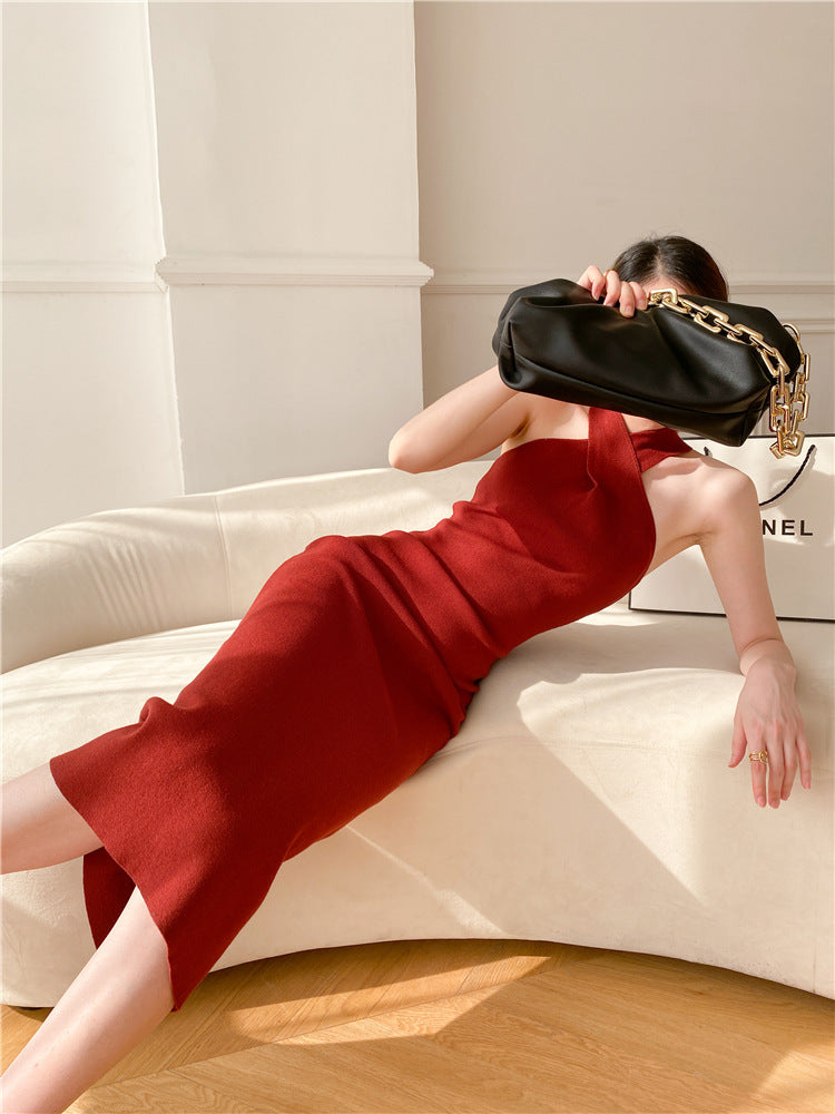 Women's Slim Fit Slim Pack Hip Cross Halter Over Knee Knit Dress