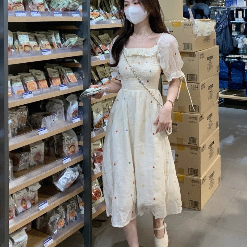 Women's Square Neck Crushed Flower Waist Dress