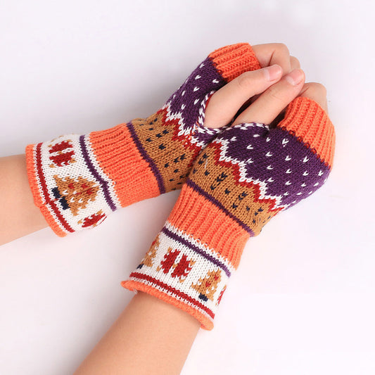 Christmas Tree Thick Wool Fingerless Knitted Gloves