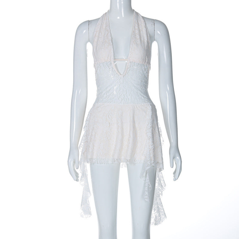 Short Stitching Ribbon Halter Lace Hollow-out Deep V-neck Backless Hot Girl Dress