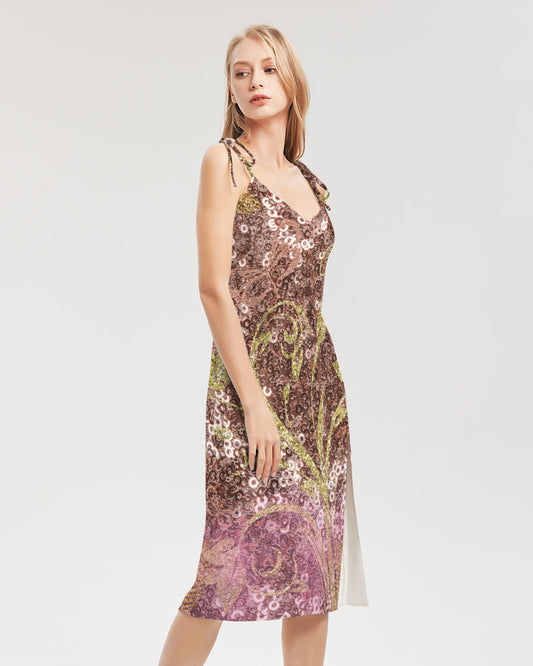 BEAUTIFUL PURPLE GITTER DESIGN CREATED BY FLIPSTYLEZ Women's All-Over Print Tie Strap Split Dress