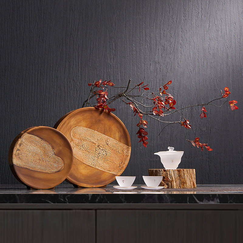 Wood Grain Ceramic Living Room Flat Vase Flower Arrangement Decoration