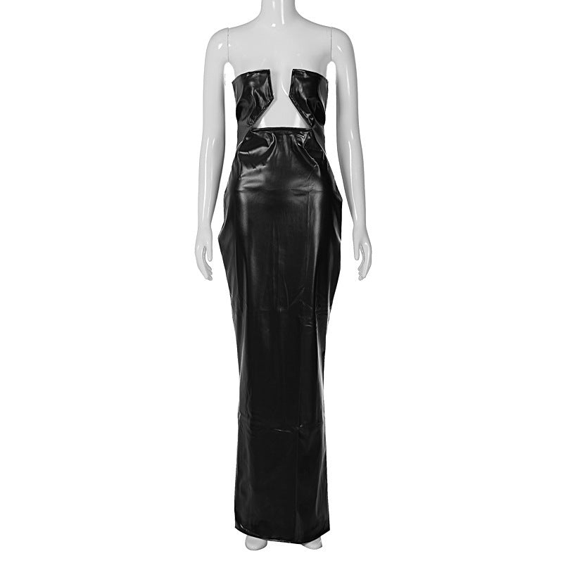 New Fashion Solid Color PU Leather Tube Top Dress