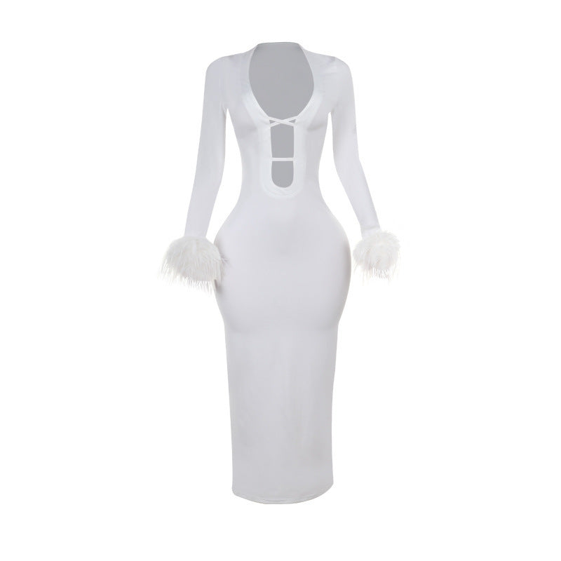 New sexy White Autumn U bust line Hollow Feather sleeves Long Dress for women