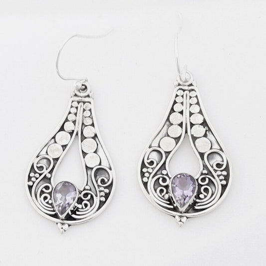 Women's Fashion Silver Carved Purple Gemstone Earrings