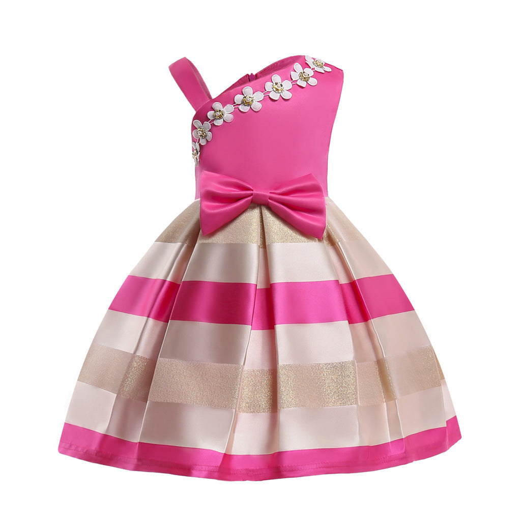Pearl European And American Little Girl Princess Dress Temperament Striped Dress Children's Clothing