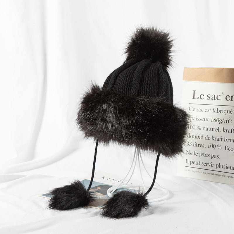 All-match Cute Woolen Knitted Ear Caps Plus Velvet Thick Winter Lei Feng Hat