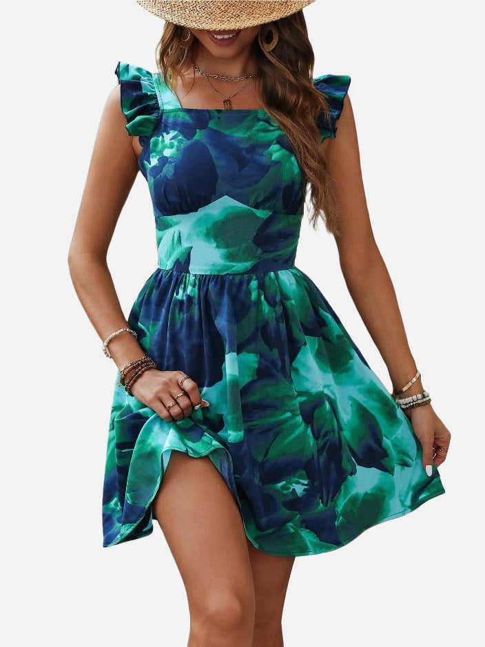 Printed Lace-up Back Backless Frill Holiday Dress