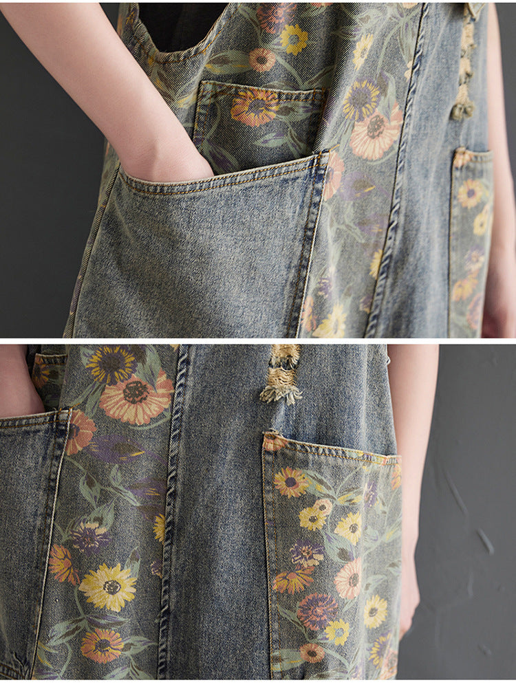 Women's Retro Nostalgic Print Ripped Denim Overalls